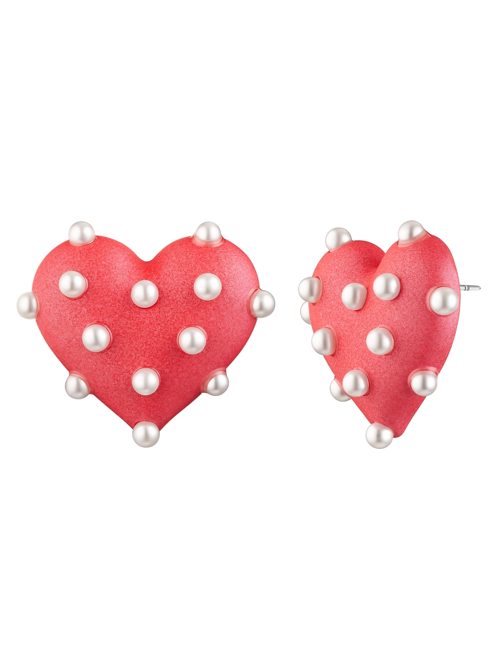 Heart Stud Earrings with Pearl Accent - Red
